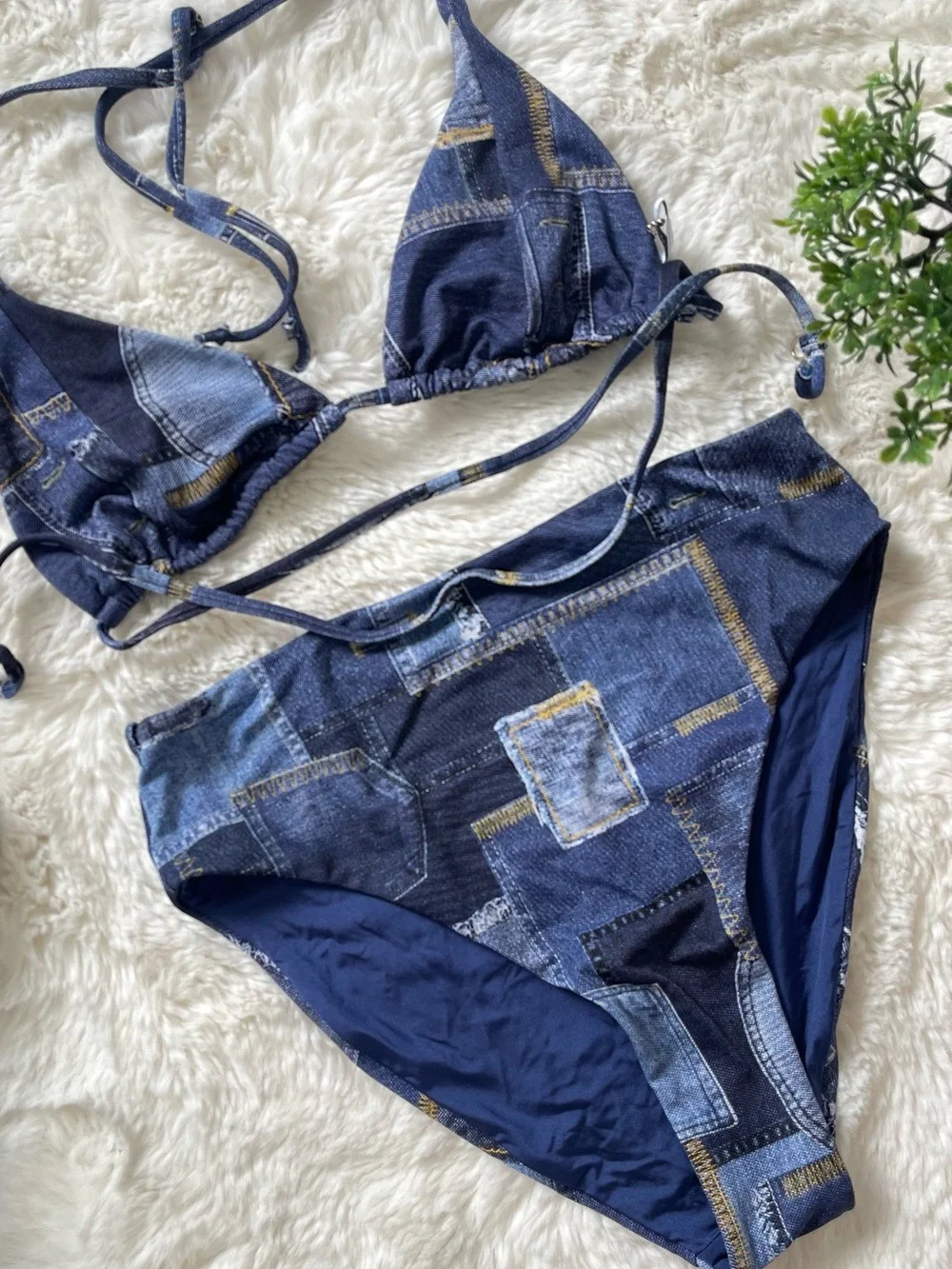 Weworewhat Women’s Denim Print Bikini Set – Navy & Blue – Top XL / Bottom Smal